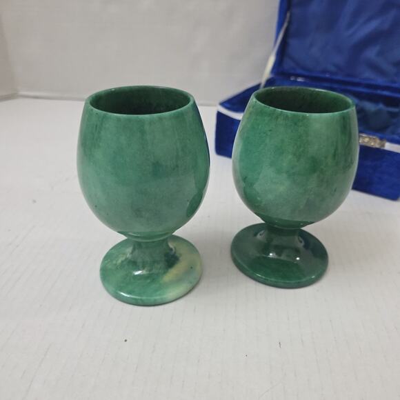 Set Of 2 Vintage Green Onyx Stone Goblet Chalice 5" Marble Cup - Picture 5 of 13
